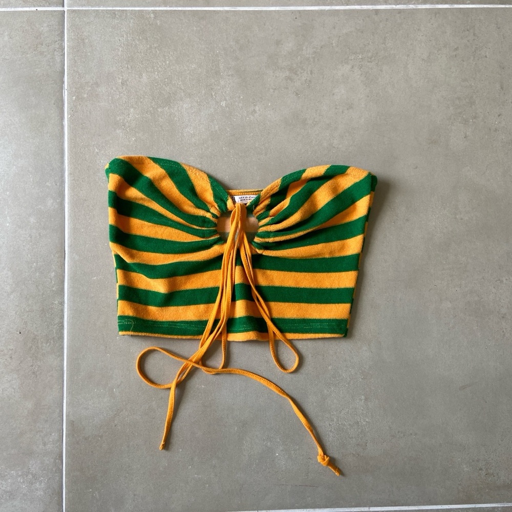 Zara y2k 90’s Style Yellow Green Stripe Terrycloth Halter Crop Top Size Small